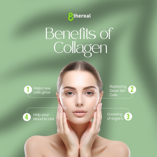 A clean, educational infographic style ad featuring a portrait of a woman with clearly labeled health benefits of collagen.